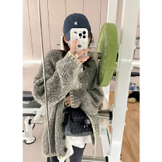 批发撞色杂色花纱新款针织开衫外套女2026秋季圆领慵懒风中<b class='q'>长款</b>毛衣