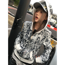 批发报纸人像轻亚街头满印连帽卫衣男女同款秋冬