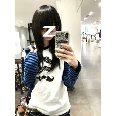 批发日系亚比大胡子印花长袖t恤蓝黑条纹拼接撞色<b class='q'>打底衫</b>Y2K视觉系上衣