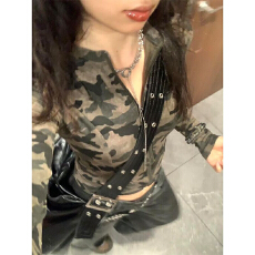 批发美式辣妹迷彩后背绑带上衣女千禧风y2k早秋薄款长袖拉链卫衣外套