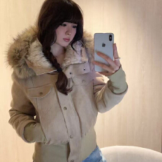 批发冬季美式卡其色复古修身连帽毛领短外套女辣妹风加厚保暖夹克上衣