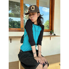 批发美式辣妹<b class='q'>印花</b>标语拼色七分袖T恤女早秋新款修身显瘦短插肩袖上衣