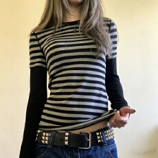 批发美式复古亚撞色条纹上衣女假两件叠穿感紧身收腰长袖T恤小众早秋