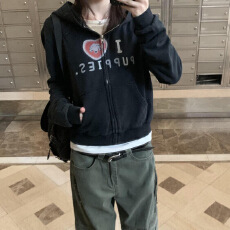 批发韩系小狗爱心印花连帽外套女春秋薄款宽松休闲百搭显瘦短款<b class='q'>开衫</b>潮