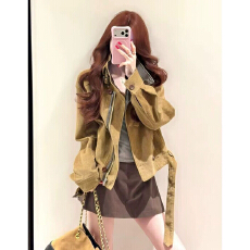 批发早秋巴恩风工装立领短款灯芯绒外套女秋季高级感<b class='q'>休闲</b>复古做旧夹克