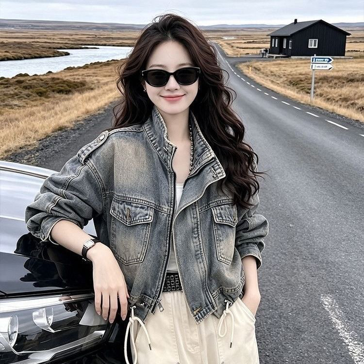新款秋装韩系做旧牛仔外套女短款翻领抽绳设计感夹克开衫上衣 服裝批發女裝批發服飾貨源