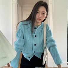 批发慵懒风韩系圆领长袖卷边麻花纽扣针织衫上衣<b class='q'>春</b>秋冬毛衣开衫外套女