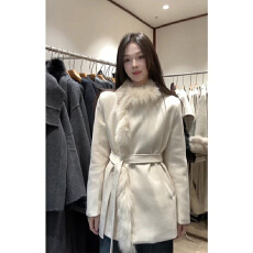 批发白色毛领收腰绑带长袖毛呢外套<b class='q'>女</b>秋冬季新款设计感气质中长款<b class='q'>大</b>衣