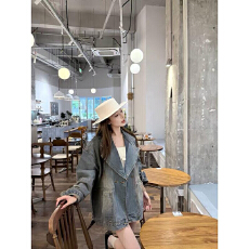 批发韩系松弛感牛仔外套女2026秋季复古做旧水洗宽松中长款衬衫