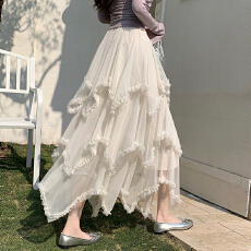 实拍 不规则木耳边网纱半身裙女2026春季新款高腰中长款a字蛋糕裙