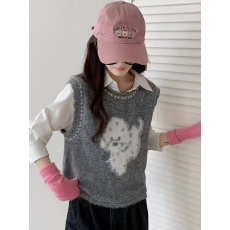 批发不退 可爱毛绒小狗针织马甲女秋<b class='q'>冬</b>宽松日系圆领无袖毛衣坎肩叠穿