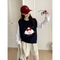 批发不退 新款秋<b class='q'>冬</b>针织马甲女毛衣外套女学院风卡通提花马甲简约背心