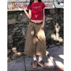批发美式复古豹纹七分裤女2025夏<b class='q'>街头</b>嘻哈跳舞裤子宽松阔腿牛仔短裤子