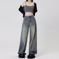 批发美式vibe<b class='q'>街头</b>复古高腰阔腿牛仔裤女秋冬宽松显瘦可调节直筒拖地裤