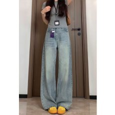 批发浅蓝色花边阔腿牛仔裤女<b class='q'>夏</b>季2025新款高腰宽松百搭直筒拖地裤