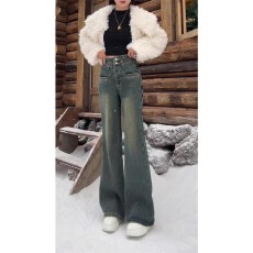批发大码美式复古微喇叭牛仔裤女2025秋冬胖mm宽松显瘦高腰直筒阔腿裤