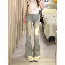 批发美式高街复古水洗加绒微喇牛仔裤女大码修身弹力高腰直筒拖地长裤