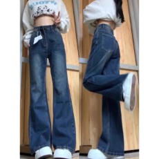 批发大码美式高街微喇叭牛仔裤女秋冬加绒胖mm显瘦高腰直筒阔腿拖地裤