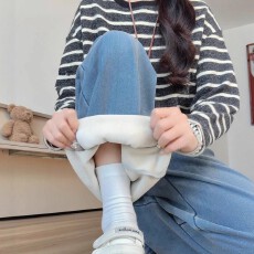 批发大码加绒加厚牛仔裤女冬季2025年新款胖mm宽松显瘦高腰直筒阔腿裤