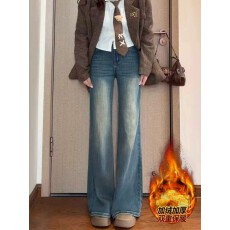 批发大码加绒加厚微喇叭牛仔裤女冬季胖mm高腰显瘦弹力直筒阔腿马蹄裤