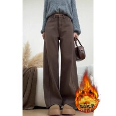 批发大码加绒加厚牛仔裤女秋冬胖mm梨形身材宽松高腰显瘦直筒阔腿裤子