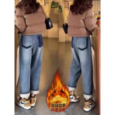 批发加绒哈伦牛仔裤女2025年秋冬新款大码胖mm高腰遮肉显瘦萝卜老爹裤