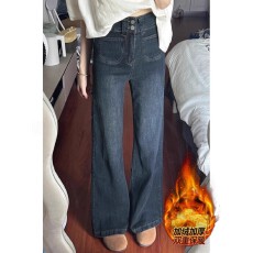 批发复古阔腿牛仔裤女秋冬季加绒加厚大码宽松直筒垂感高腰显瘦长裤子