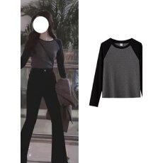 批发大码胖妹妹美式拼接t恤女打底衫春<b class='q'>秋</b>新款撞色复古长袖设计感上衣