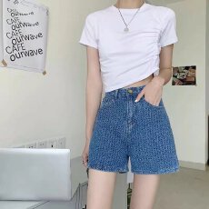 批发编织<b class='q'>牛仔裤</b>女夏装2026韩版大码胖妹妹宽松阔腿显瘦学生高腰热裤子