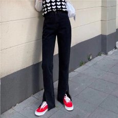 批发开叉高腰牛仔裤女春<b class='q'>秋</b>季新款大码胖妹妹直筒宽松显瘦拖地阔腿长裤