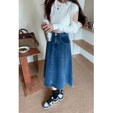 批发牛仔裙设计感小众女中长高腰遮胯大摆伞裙春季新款显瘦A字半身裙