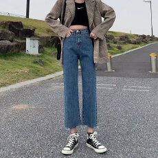 批发直筒牛仔裤女宽松高腰<b class='q'>春</b>秋新款女士毛边九分裤韩版学生显瘦阔腿裤
