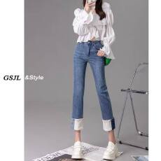 批发大码翻边九分牛仔裤女新款秋冬高腰显瘦弹力烟管直筒牛仔裤