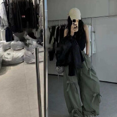 批发夏季新款酷美式辣妹松紧高腰工装裤休闲裤女立领蝴蝶结