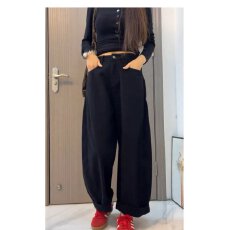 批发高腰阔腿牛仔裤女春<b class='q'>秋</b>季棕咖色宽松压褶小个子九分卷边直筒奶奶裤