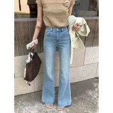 批发浅蓝微喇牛仔<b class='q'>裤</b>女春夏新款高腰弹力<b class='q'>修身</b>显瘦拖地喇叭<b class='q'>裤</b>