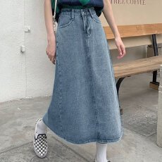 批发蓝色半身裙女秋季大码胖mm遮胯显瘦中长款高腰a字<b class='q'>牛仔</b>梨形身材裙