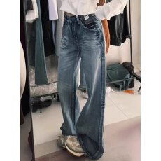批发复古微辣叭牛仔裤女秋<b class='q'>冬</b>2025年新款低腰美式高街宽松加绒阔腿裤子