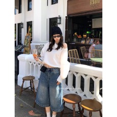 批发复古水洗牛仔中裤女2026春夏季高腰宽松阔腿短裤直筒七分裤