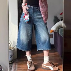 批发美式复古水洗猫须牛仔七分裤女夏季百搭半裤显瘦阔腿中裤五分短裤