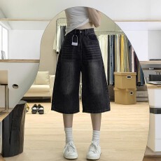 批发黑灰色阔腿牛仔七分裤女夏季新款<b class='q'>大码</b>胖mm宽松显瘦梨型身材直筒裤