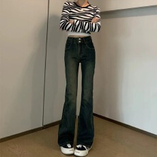 批发水泥灰微喇牛仔裤女新款小个子修身显瘦复古高腰喇叭裤子<b class='q'>秋</b>季