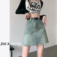 批发复古辣妹显瘦牛仔半身裙女春季新款a字毛边防走光设计感小众短裙