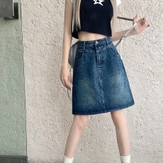 批发大码复古做旧牛仔裙中裙女春夏高腰显瘦少女感梨形穿搭a字半身裙