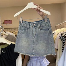批发夏季新款复古做旧毛边牛仔半身裙女高腰气质a字短裙潮