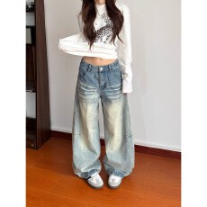 批发美式复古织带条纹小众牛仔裤女春季水洗做旧磨白阔腿垂感弯刀裤子