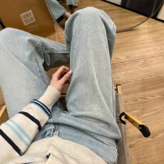 批发浅色烫钻阔腿牛仔裤女2026春季新款宽松显瘦时尚设计感直筒拖地裤