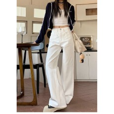 批发美式米白色阔腿牛仔裤子女2026春<b class='q'>秋</b>季新款高腰宽松垂感直筒长裤