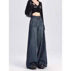 批发复古刷色阔腿牛仔裤春夏新品潮牌<b class='q'>街头</b>宽松做旧直筒裤
