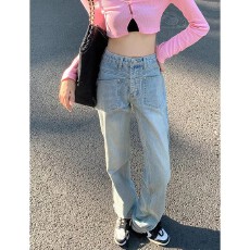 批发做旧直筒牛仔裤女<b class='q'>秋</b>季水洗设计感高腰宽松阔腿长裤ins潮